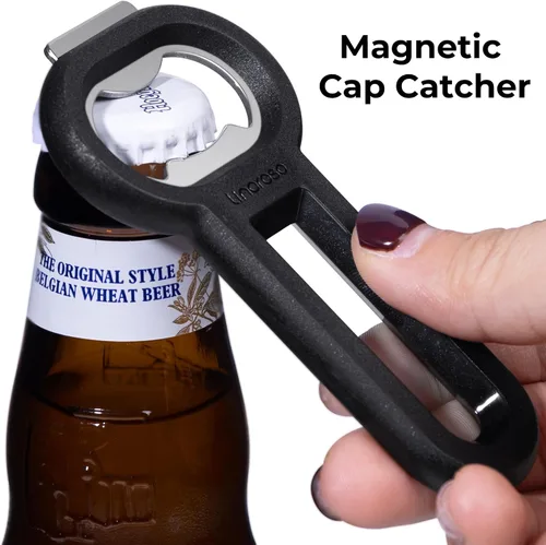 Miniatura 2 de Linoroso Abrebotellas magnético para refrigerador, abridor de botellas de cerveza y abrelatas de soda con captador de tapas, abridor de cerveza negro
