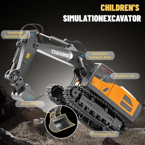 Miniatura 2 de Excavadora de juguete a control remoto, excavadora de construcción RC de 11 canales con pala de metal, luces y sonidos, excavadora todoterreno