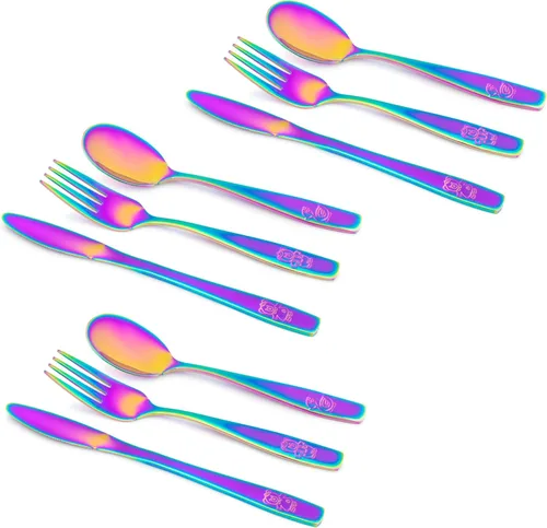 Cubiertos de acero inoxidable para niños, 9 piezas, cubiertos seguros para niños y niños, cubiertos para niños, juego de utensilios para niños