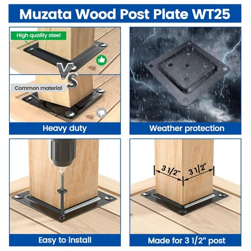 Miniatura 3 de Muzata Paquete de 4 conectores de placa de poste de madera de 3.5 x 3.5 pulgadas, placa base de poste de cubierta, valla de madera, barandilla