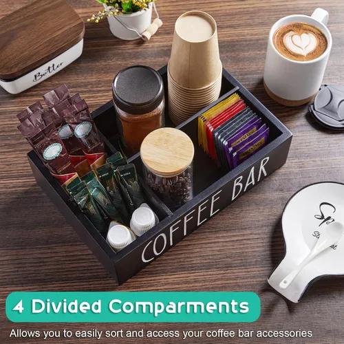 Miniatura 3 de Organizador de estación de café ALELION - Organizador de accesorios de encimera de madera con divisores removibles para cápsulas, condimentos