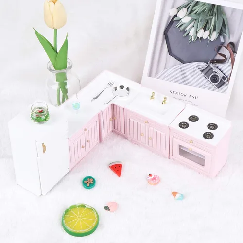 Miniatura 6 de Kit de muebles de cocina para casa de muñecas 1:12, casa de muñecas en miniatura, armario de cocina, juego de nevera, muebles de comedor para casa