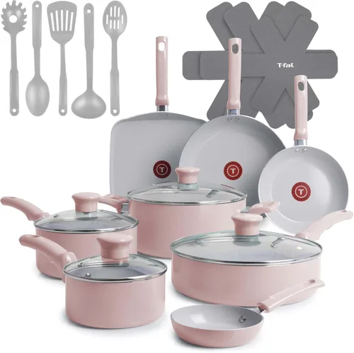 T-Fal Refresh - Juego de ollas y sartenes de cerámica, utensilios de cocina antiadherentes, 20 piezas, aptos para horno hasta 350 °F, juego de Rosa