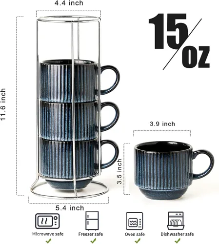 Miniatura 2 de glowworm Juego de 4 tazas de café apilables de 15 onzas con estante, tazas de cerámica para el hogar, oficina, inauguración de la casa y regalos