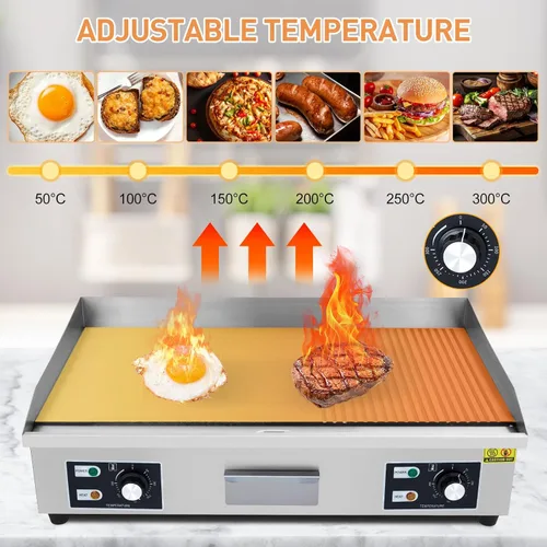 Miniatura 5 de Plancha eléctrica comercial de 29 pulgadas, parrilla Teppanyaki media acanalada de 3000 W, plancha eléctrica de encimera de acero inoxidable