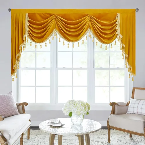 Miniatura 52 de StangH Cortinas decorativas de lujo, cenefa azul con bloqueo de luz, cenefa festoneada para ventana pequeña con bolsillo sólido para barra, cortina