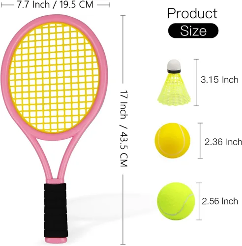 Miniatura 3 de Juego de raqueta de tenis para niños, raqueta de 17 pulgadas con 1 pelota de tenis, 4 volantes de bádminton y 3 pelotas suaves para deportes