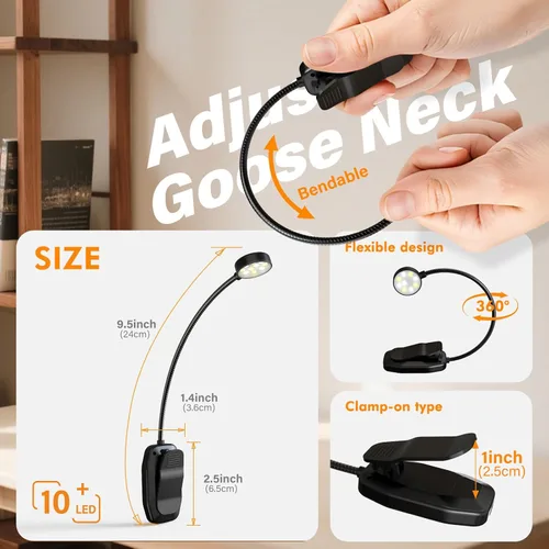 Miniatura 7 de KTEBO Paquete de 2 luces de lectura recargables de 10 LED para leer en la cama - Cuidado de los ojos con 3 temperaturas de color, 3 niveles de Negro
