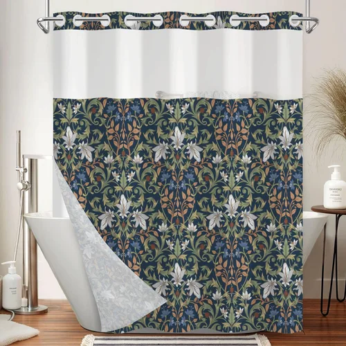 Miniatura 12 de No Hook Geometric Shower Curtain with Snap in Liner - 71″W x 74″L Waterproof Fabric with Mesh Top Window, Modern Abstract Triangle Design Bath