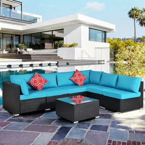 Miniatura 8 de Quarte Juego de muebles de patio de 4 piezas, sofá modular de mimbre de ratán PE para exteriores con acolchado y almohada, para porche, césped, Gris