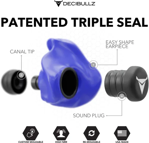 Miniatura 3 de Decibullz - Tapones para oídos moldeables a medida, 31 dB NRR más alto, protección auditiva cómoda para disparar, viajar, trabajar y conciertos Azul