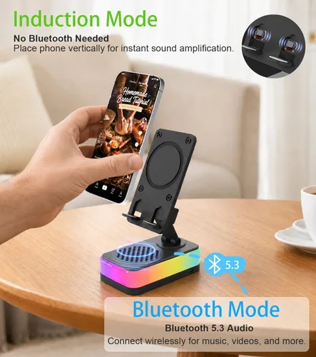 Miniatura 2 de Tatiyana Wireless Induction Speaker with Cell Phone Stand, Bluetooth Audio Speaker Amplifier, Foldable Desk Holder with RGB Light for iPhone Android