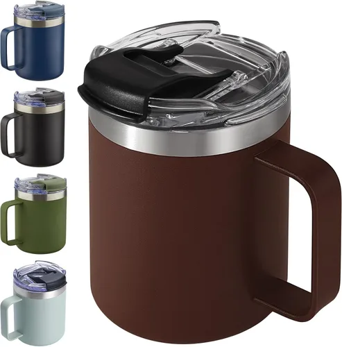 Miniatura 36 de Taza de café aislada de 12 onzas con asa, taza de café de viaje de acero inoxidable con tapa abatible, vaso de café de doble pared con aislamiento