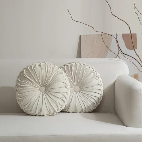 Miniatura 19 de HIG - Juego de 2 almohadas decorativas redondas plisadas, almohadas de calabaza de acento elegantes con botón central, almohadas de suelo
