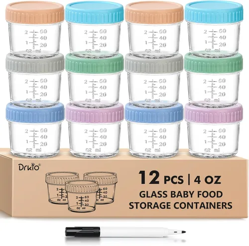 DRKIO Paquete de 12 recipientes de vidrio para almacenamiento de alimentos para bebés, tarros de comida para bebés de 4 onzas con tapas, para 4 Oz -