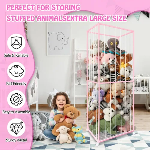 Miniatura 4 de Almacenamiento de animales de peluche, tubo de metal extra grande organizador de almacenamiento de juguetes con ruedas de freno, soporte