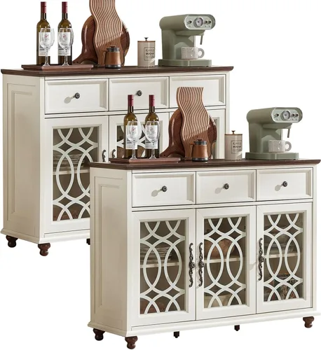 Miniatura 25 de Joaxswe Aparador de estilo rústico con almacenamiento, credenza grande de 59 pulgadas con 4 puertas de vidrio y 2 cajones, estantes ajustables, mesa