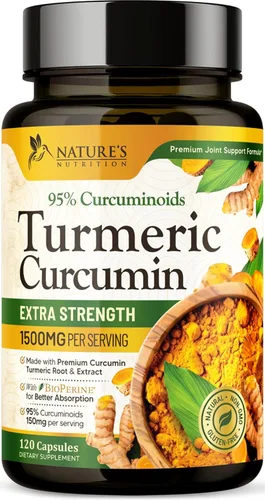 Suplemento de curcumina de cúrcuma de 1500 mg, pimienta negra orgánica tumérica y bioperina para una mejor absorción con 95% de curcuminoides, apoyo