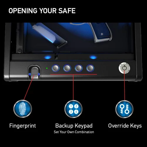 Miniatura 6 de SentrySafe Caja fuerte biométrica para pistolas o pistoleta, caja de seguridad con huellas dactilares y luz interior, capacidad para 1 pistola