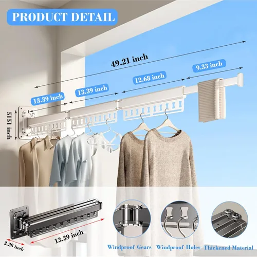 Miniatura 2 de Tendedero de ropa montado en la pared, colgador retráctil de 3 pliegues con agujeros a prueba de viento y diseño desmontable, estante plegable