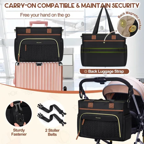 Miniatura 6 de RAINSMORE Bolsa de pañales, bolsa grande para pañales impermeable, bolsa de pañales multifunción con estuche para chupete y cambiador Negro