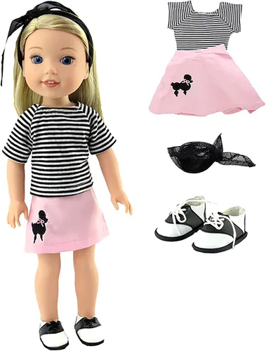 American Fashion World Traje de caniche inspirado en los años 50 de color rosa claro para muñecas de 14 pulgadas | Juego de 4 piezas | Calidad