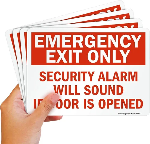 SmartSign Paquete de 4 etiquetas adhesivas de 5 x 7 pulgadas con texto en inglés "Solo salida de emergencia, alarma de seguridad sonará si la puerta