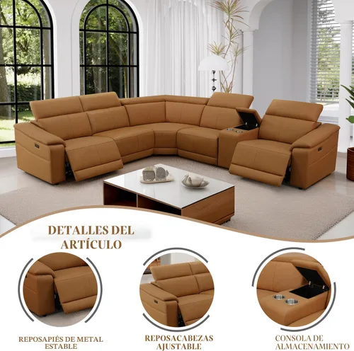 Miniatura 4 de Sofá Seccional Reclinable Eléctrico, Juego de Muebles de Sala en Forma de L, Sofá de Cuero Marrón Claro, Sofá Seccional Reclinable con Consola