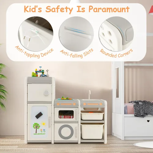 Miniatura 7 de Costzon Organizador de almacenamiento de juguetes para niños, estante multiuso Montessori para juguetes con cajones extraíbles, pizarra blanca