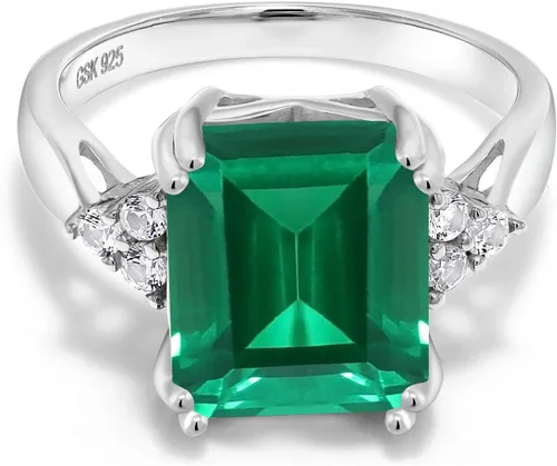 Miniatura 23 de Gem Stone King Anillo de compromiso con piedra natal de 5-10 quilates para mujer, plata de ley 925, corte esmeralda de 0.47 x 0.394 pulgadas, anillo