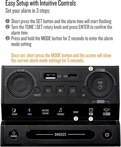 Miniatura 6 de Soundfreaq Sound Rise II, SFQ-16: Radio despertador de cabecera y bocina Bluetooth, con pantalla grande, radio FM, carga USB rápida y sonido