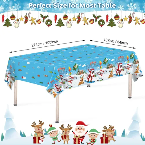 Miniatura 3 de 3 piezas de mantel de Navidad - Mantel de plástico de Papá Noel genial para Navidad, mantel rectangular desechable azul y blanco para decoración
