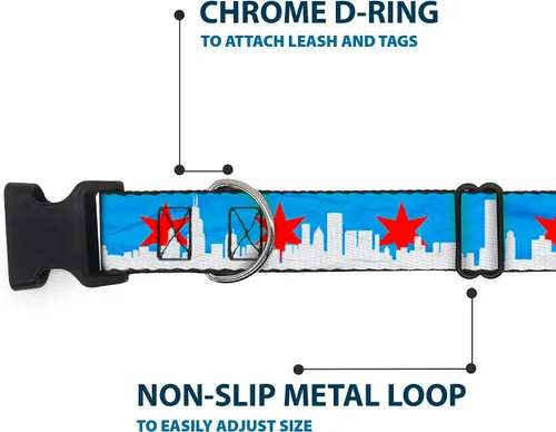 Miniatura 5 de Buckle-Down Collar de clip de plástico, diseño de Chicago Skyline/Flag Distressed Black/White/Red – 1 pulgada de ancho – Se adapta a cuello de 9 a
