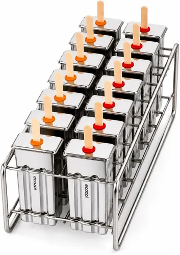 Miniatura 10 de Ecozoi Moldes y Estante de Acero Inoxidable para Paletas – 6 Moldeadores de Paletas de Hielo Cuadradas + 30 Palos de Bambú Reutilizables + 12 Sellos