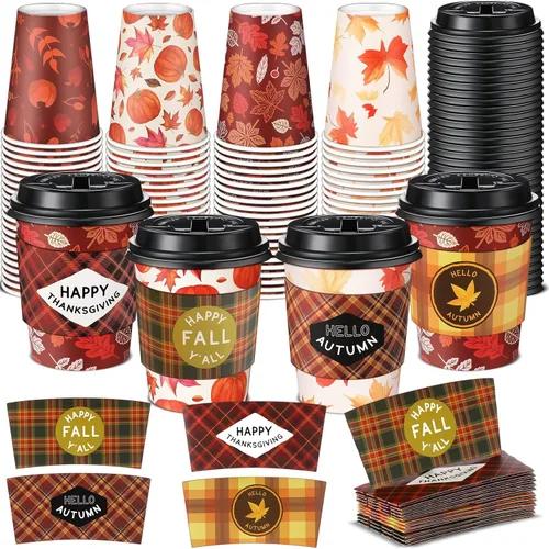 Miniatura 7 de Lallisa Paquete de 100 tazas de café de papel de Acción de Gracias de 12 onzas con tapas y mangas, tazas de café desechables para otoño, Acción