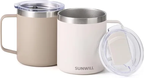 Miniatura 2 de SUNWILL - Taza de café de viaje con tapa, taza aislada con asa, taza de acero inoxidable de 14 oz para hielo, agua, té, color oro rosa