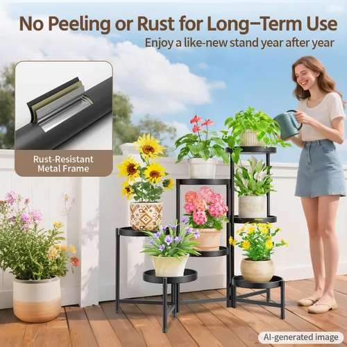 Miniatura 7 de LASZOLA Soporte plegable para plantas de interior de 7 niveles para múltiples macetas grandes, estante ajustable alto y resistente con bandeja de 10