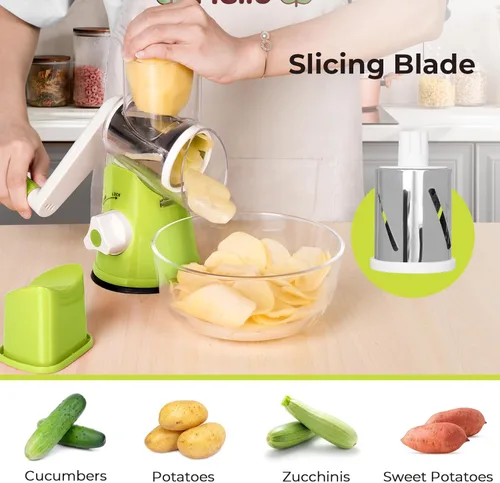 Miniatura 3 de Rallador de queso giratorio X Home para cocina, triturador con 3 cuchillas intercambiables, rallador giratorio con asa y base de succión fuerte