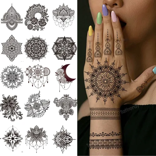 Tatuajes de henna -20 hojas de tatuajes temporales de flores Diseño de encaje de flor de henna pegatinas de tatuaje impermeables para mujeres, Negro