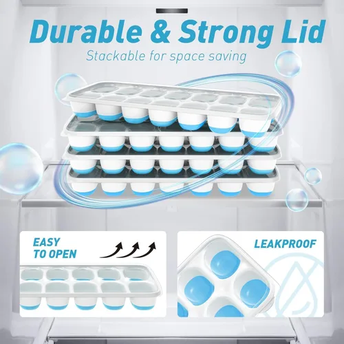Miniatura 7 de ChefAide Bandeja para cubitos de hielo con tapa, 4 paquetes de 56 cubos, bandejas apilables duraderas para cubitos de hielo para congelador