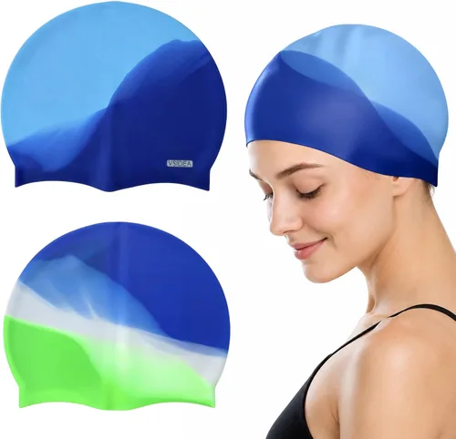 Gorros de natación de silicona, paquete de 2 gorros de natación duraderos y cómodos para adultos, elastoméricos para mujeres y hombres, pelo corto y