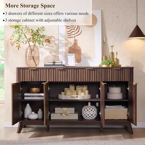 Miniatura 4 de T4TREAM - Aparador de buffet estriado con almacenamiento, mesa de aparador moderna grande de 60" con barra de café, barra de vino, gabinete de Nogal
