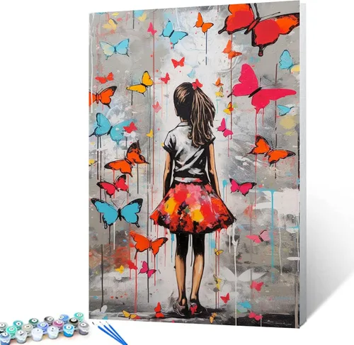 Miniatura 24 de Tucocoo Kits de pintura de globos coloridos por números con pinceles y pigmento acrílico sobre lienzo para adultos, cuadro de calle Banksy Little