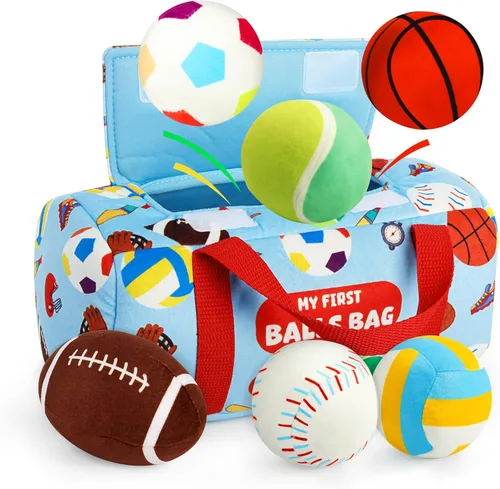 Vanmor Pelotas deportivas sensoriales para bebés de 6 a 12 meses, paquete de 6 bolas de felpa lavables a máquina con arrugados, sonajeros, sonidos