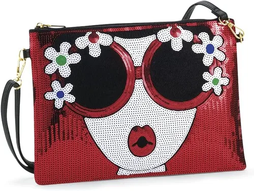 PGI Traders Pretty Woman - Bolso de mano rojo con lentejuelas Bolso de noche brillante para mujer Cuero vegano Bolso grande Correa de hombro