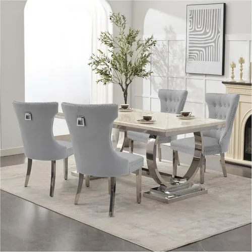 Miniatura 23 de adochr Juego de 2 sillas de comedor de terciopelo, sillas de cocina tapizadas con patas de metal, respaldo abotonado moderno con anillo de tracción