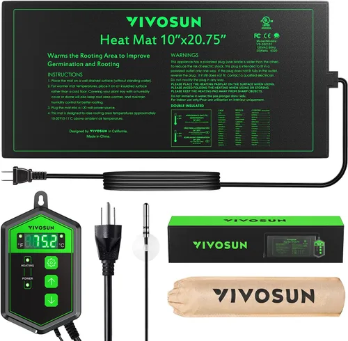 VIVOSUN Juego combinado de tapete térmico de plántulas de 10 x 20.75 pulgadas y termostato digital, almohadilla térmica hidropónica cálida con