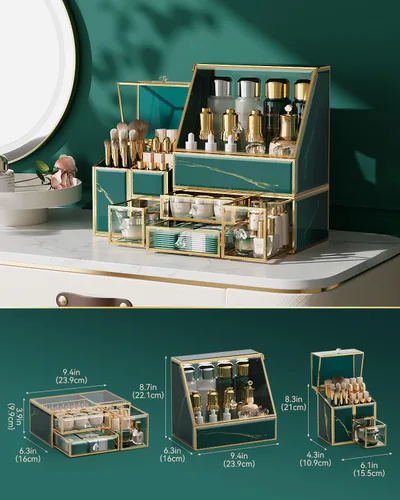 Miniatura 6 de CoralHouse Organizador de maquillaje ámbar, organizador de tocador de vidrio para cuidado de la piel, lápices labiales, perfumes, brochas