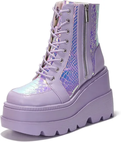 Miniatura 10 de Cape Robbin Botines de plataforma holográficos para mujeres, tacones gruesos en bloque, punta puntiaguda, cuero PU con correa de hebilla