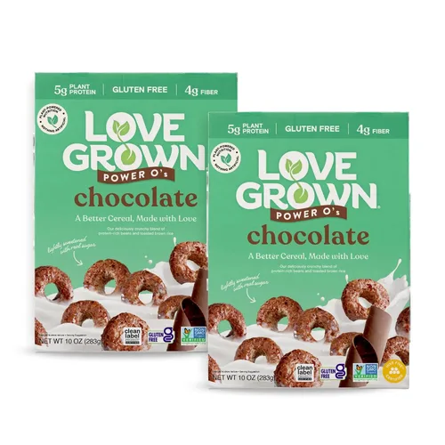 Love Grown Power O's - Cereal de chocolate sin gluten con alto contenido de proteínas, vegano, certificado sin OMG, bajo en azúcar, alto en fibra,